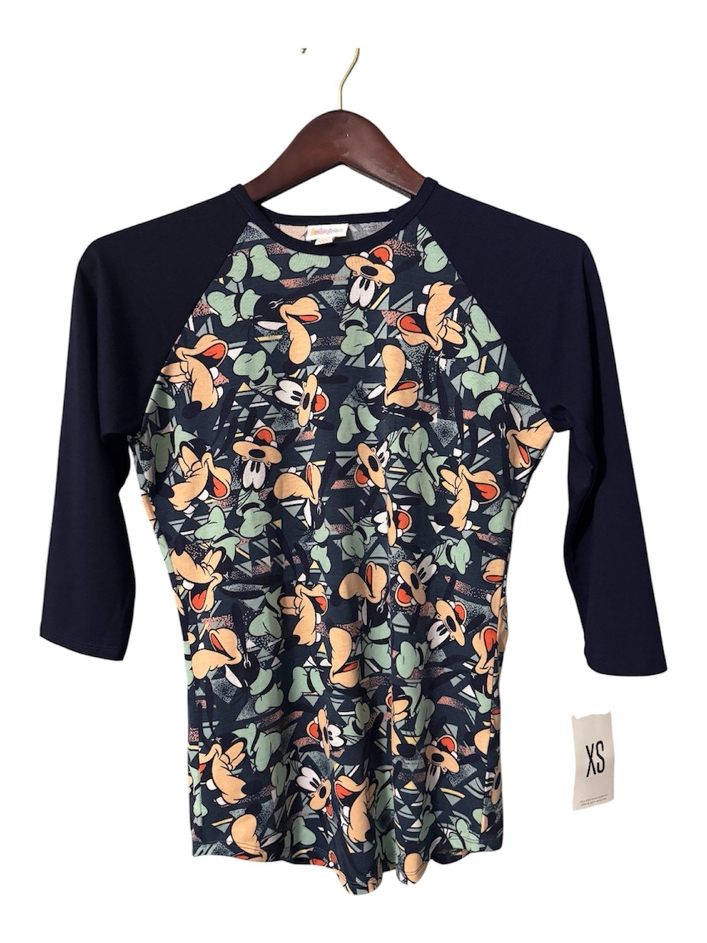 LuLaRoe Disney Pluto Randy Tee XS Navy Blue 3/4 Sleeve Raglan Top NWT